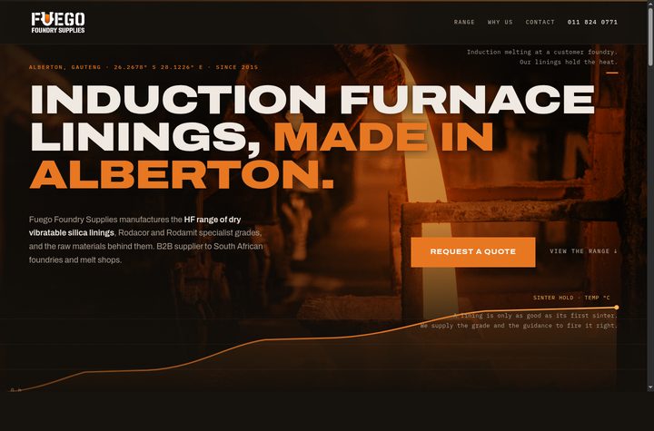 Photo-forward direction — molten pour photograph at full bleed under the headline