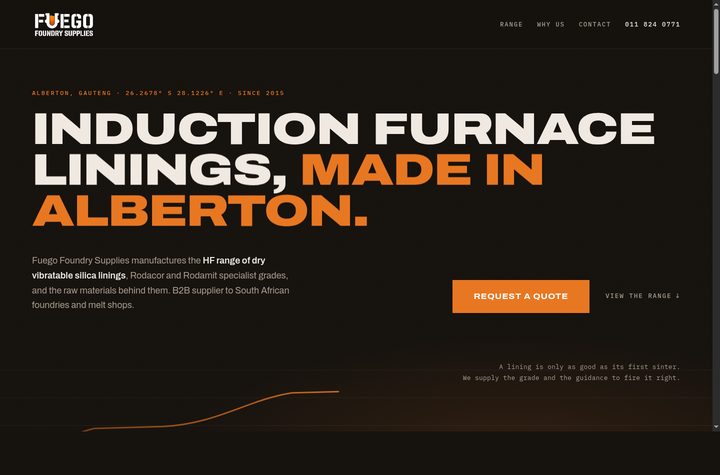 Sand and heat direction — charcoal hero with monumental type over a firing curve